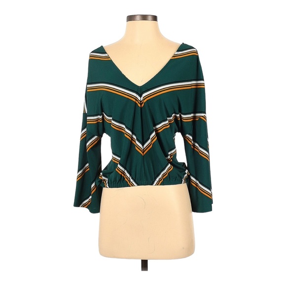 Express One Eleven Green Stripe Wide Sleeve Banded Bottom Top - Picture 4 of 8